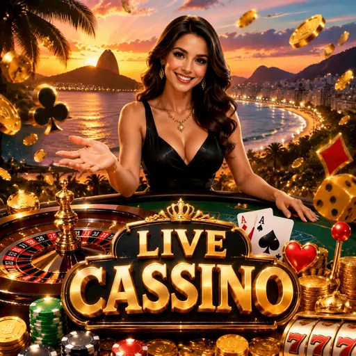 Mesa de cassino ao vivo com crupiê em estúdio iluminado em azul e dourado